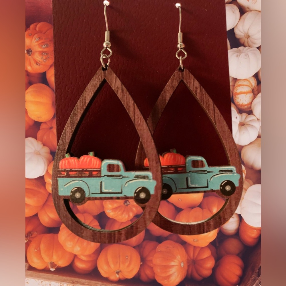 Pumpkin Truck Wooden Drop Earrings